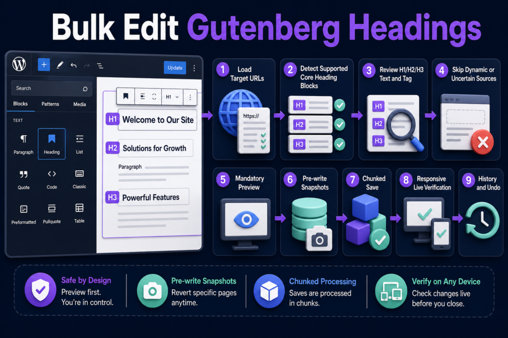 Workflow infographic showing supported Gutenberg Heading blocks moving through Preview, snapshots, chunked save, verification and Undo.