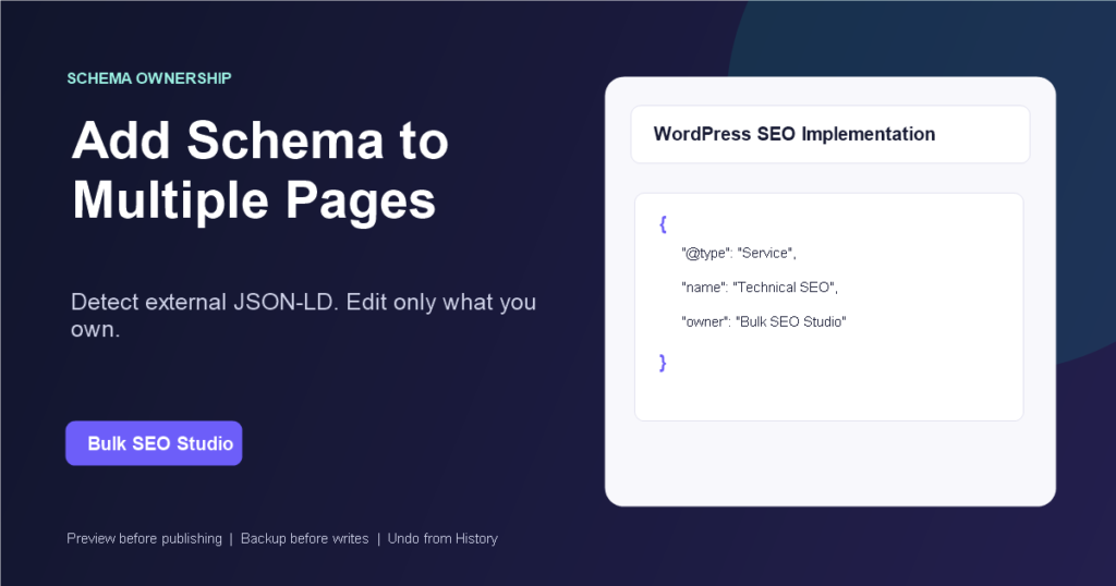 Infographic showing a JSON-LD object prepared for controlled bulk implementation across WordPress pages.
