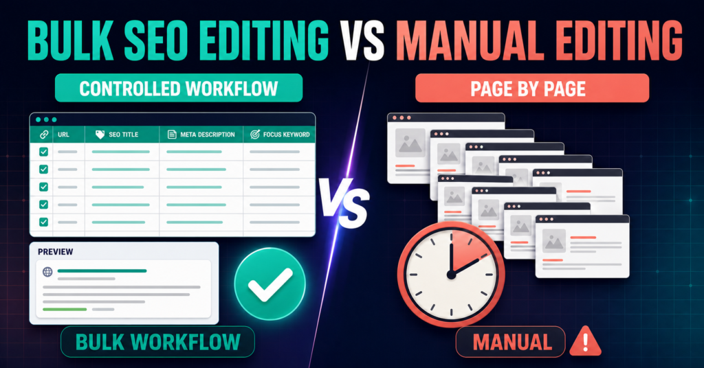 Comparison infographic contrasting repeated manual page editing with a controlled bulk SEO workflow and Preview.