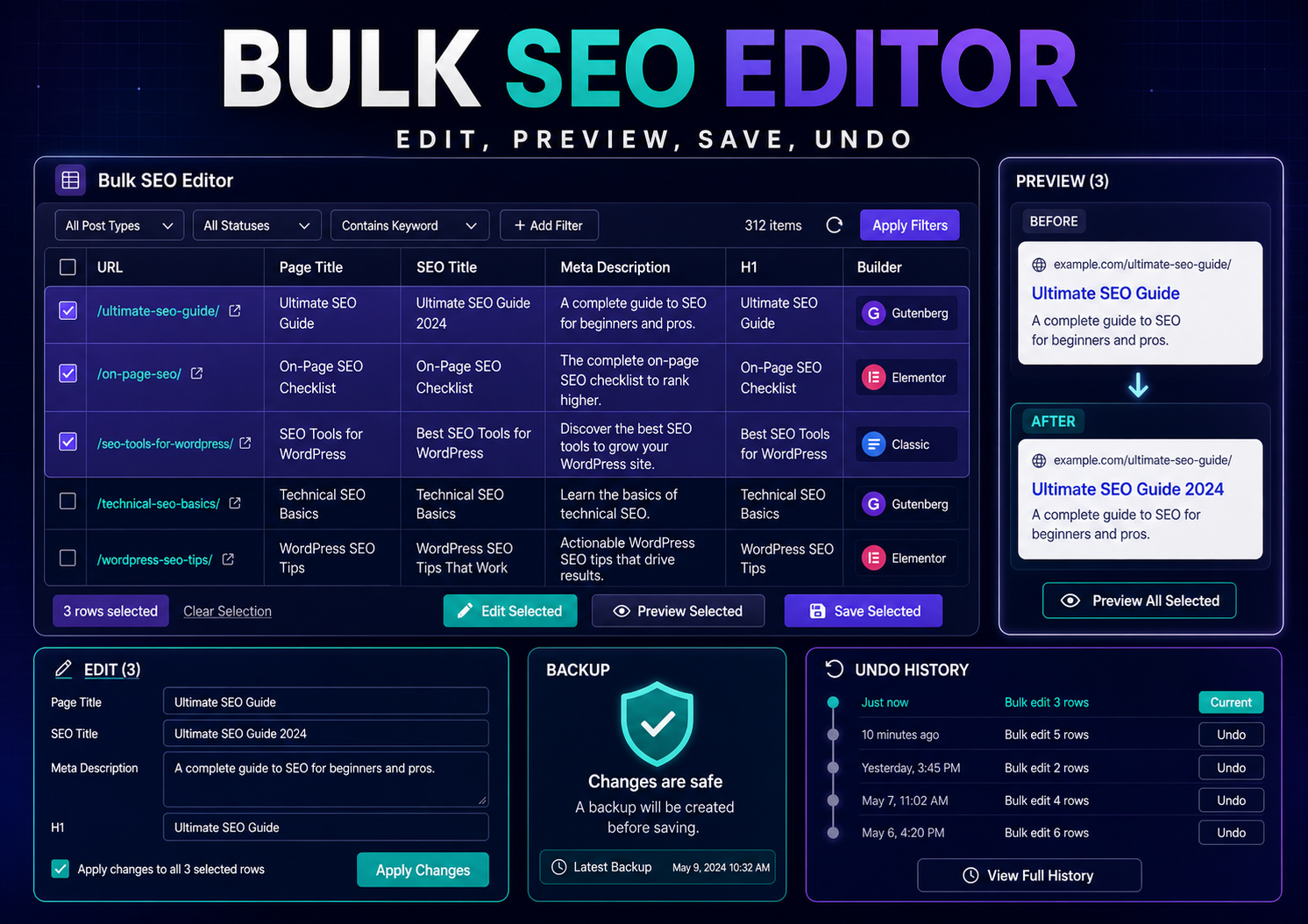 Bulk SEO Editor workspace showing supported fields, Preview, backup, and Undo History.