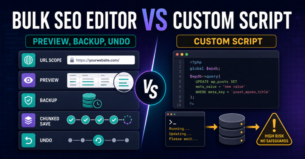 Comparison infographic showing a custom database script beside a controlled SEO editor with URL scope, Preview, backups, chunked saving, and Undo.