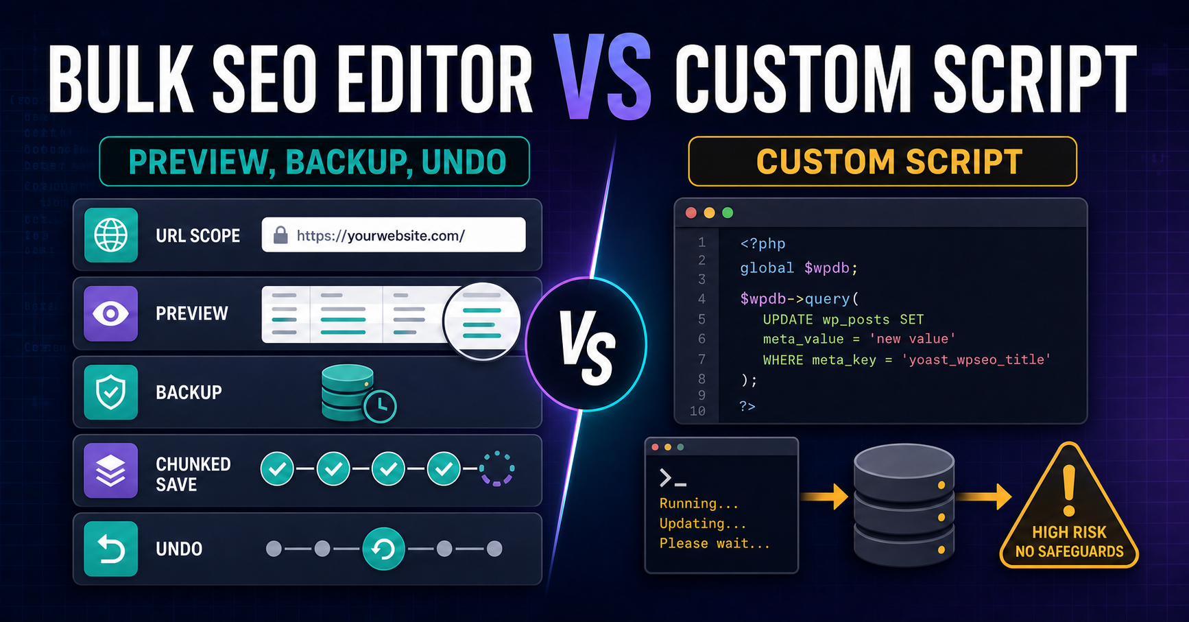 Comparison infographic showing a custom database script beside a controlled SEO editor with URL scope, Preview, backups, chunked saving, and Undo.