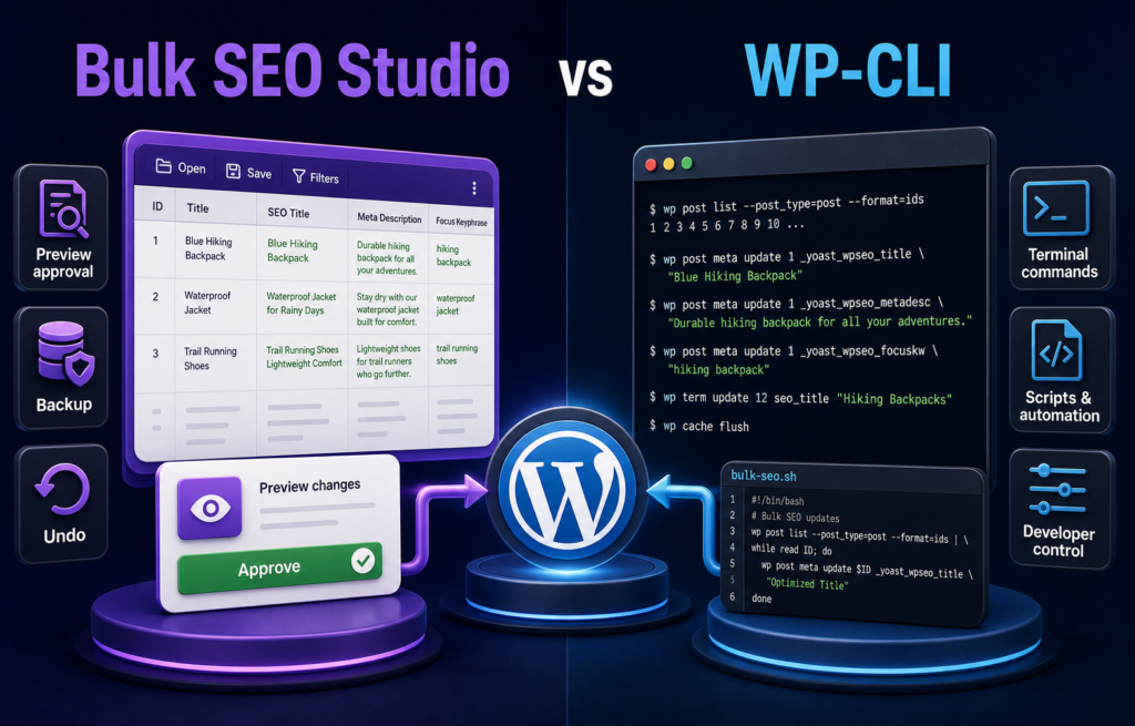 Side-by-side infographic with Bulk SEO Studio and its Preview workflow on the left and WP-CLI terminal automation on the right.
