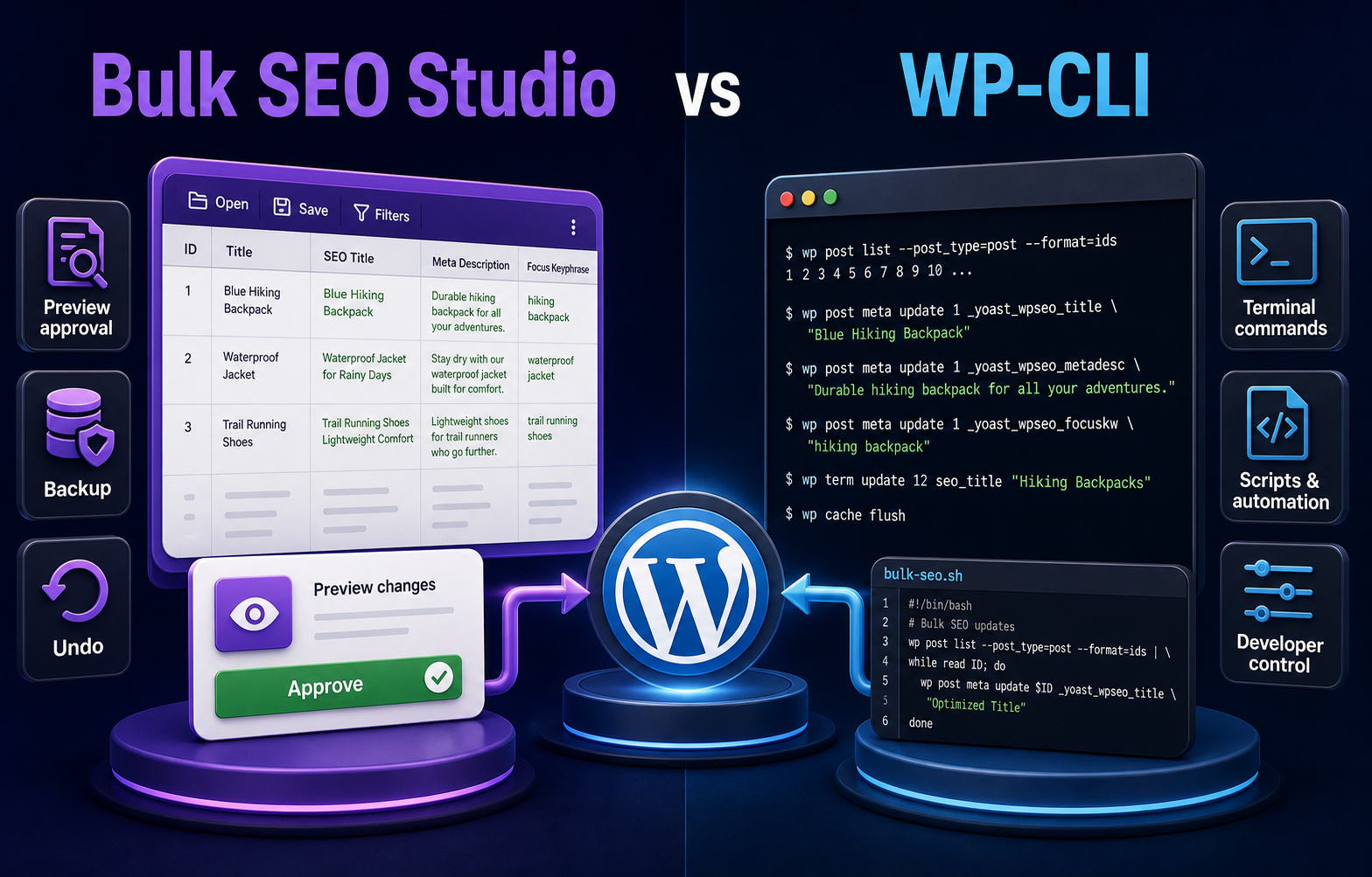 Side-by-side infographic with Bulk SEO Studio and its Preview workflow on the left and WP-CLI terminal automation on the right.
