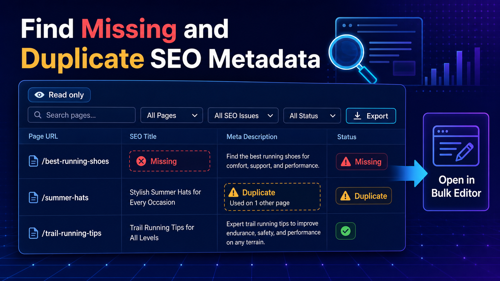 Read-only WordPress metadata scan highlighting missing and duplicate SEO fields.