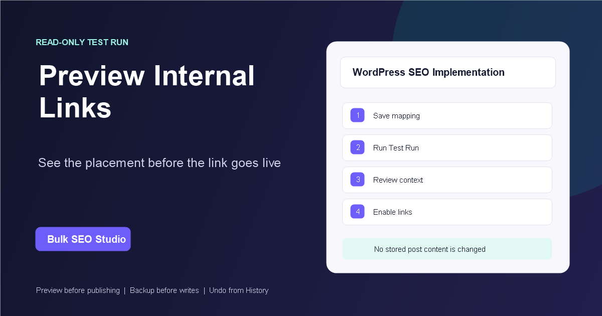 Bulk SEO Studio editorial graphic showing controlled keyword-to-URL mapping and internal-link preview.