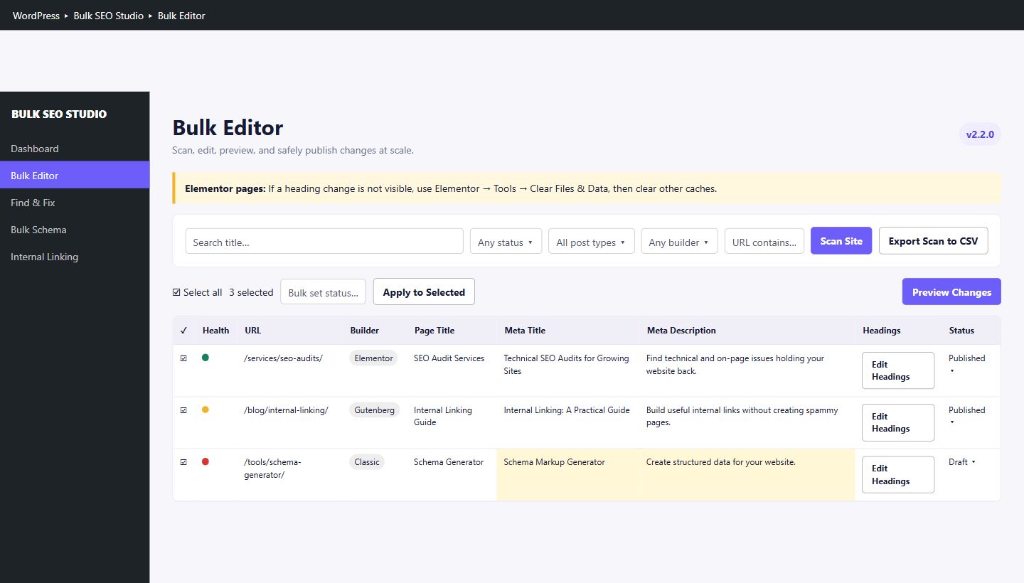 Bulk Editor with filters, editable SEO fields, builder labels, and Preview Changes
