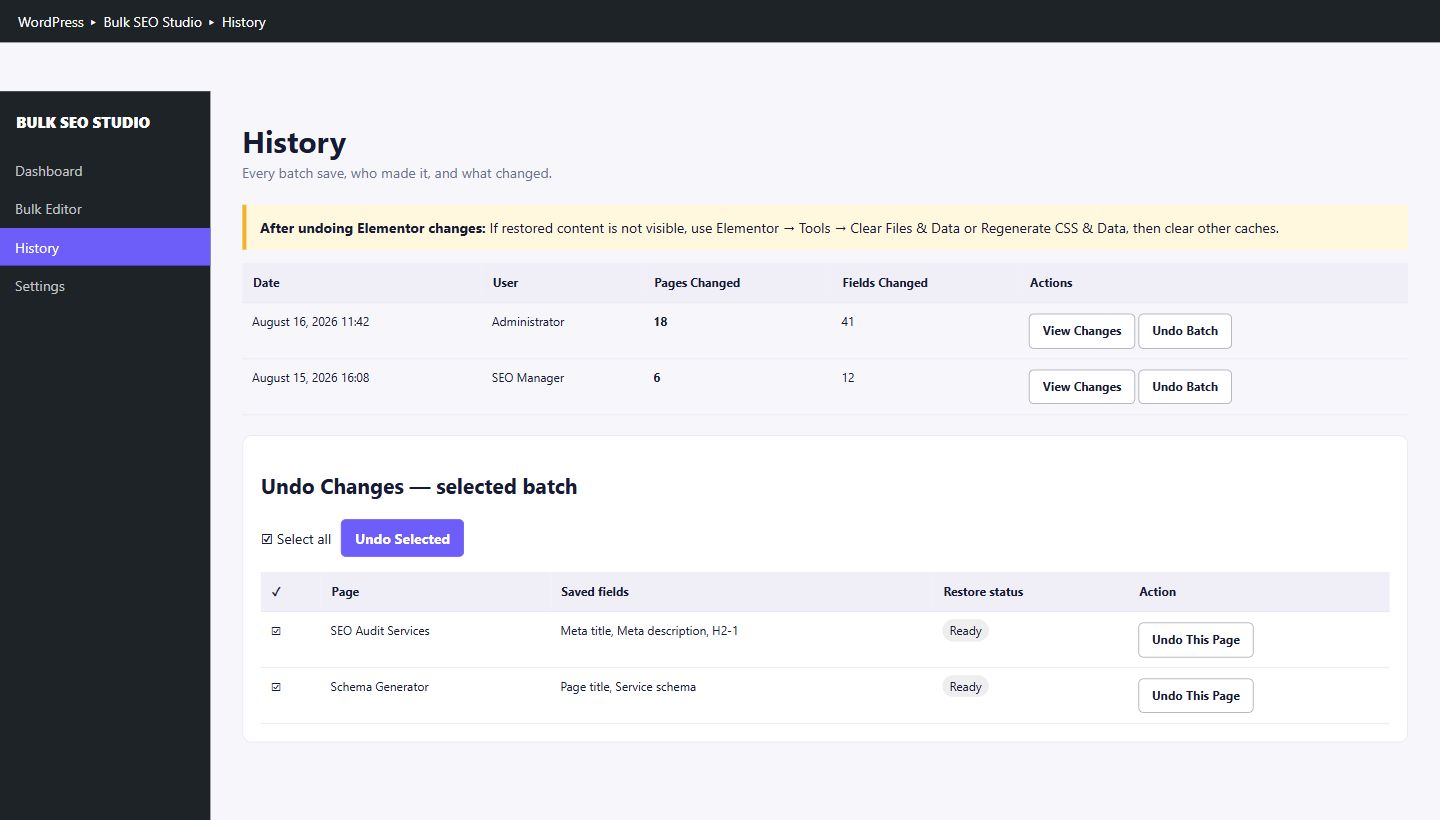 History and Undo showing restorable bulk SEO change batches