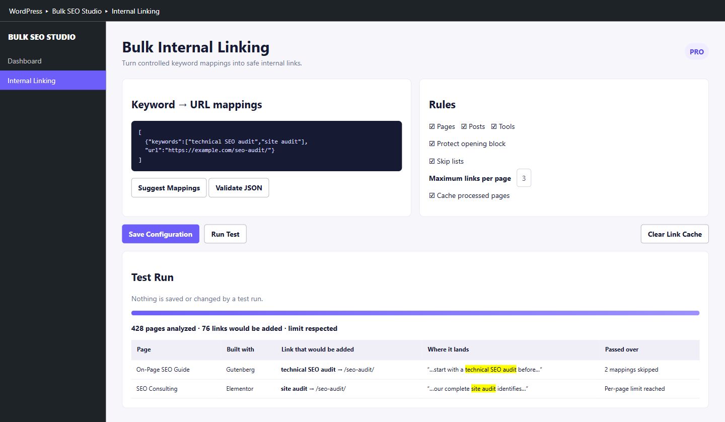 Bulk SEO Studio Internal Linking Test Run with mappings and placement controls