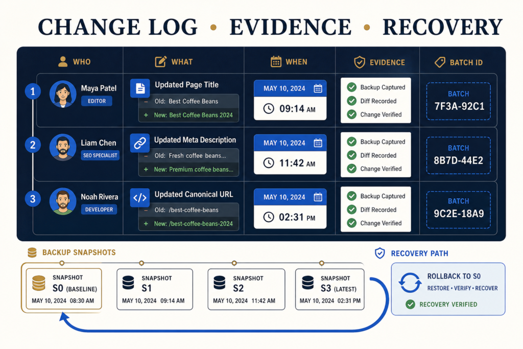 Infographic showing an SEO change log with who, what, when, evidence, batch IDs, backup snapshots and a recovery path.