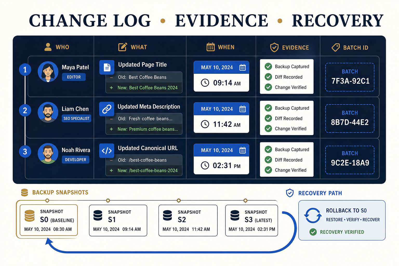 Infographic showing an SEO change log with who, what, when, evidence, batch IDs, backup snapshots and a recovery path.