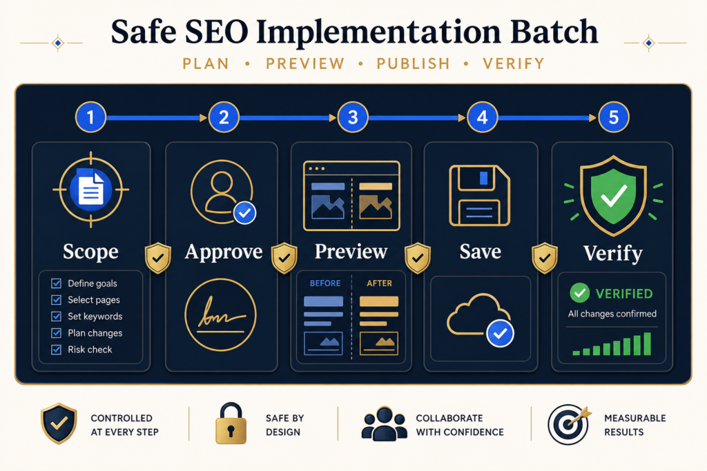 Infographic showing a safe WordPress SEO implementation batch moving through scope, approval, preview, save and verification.