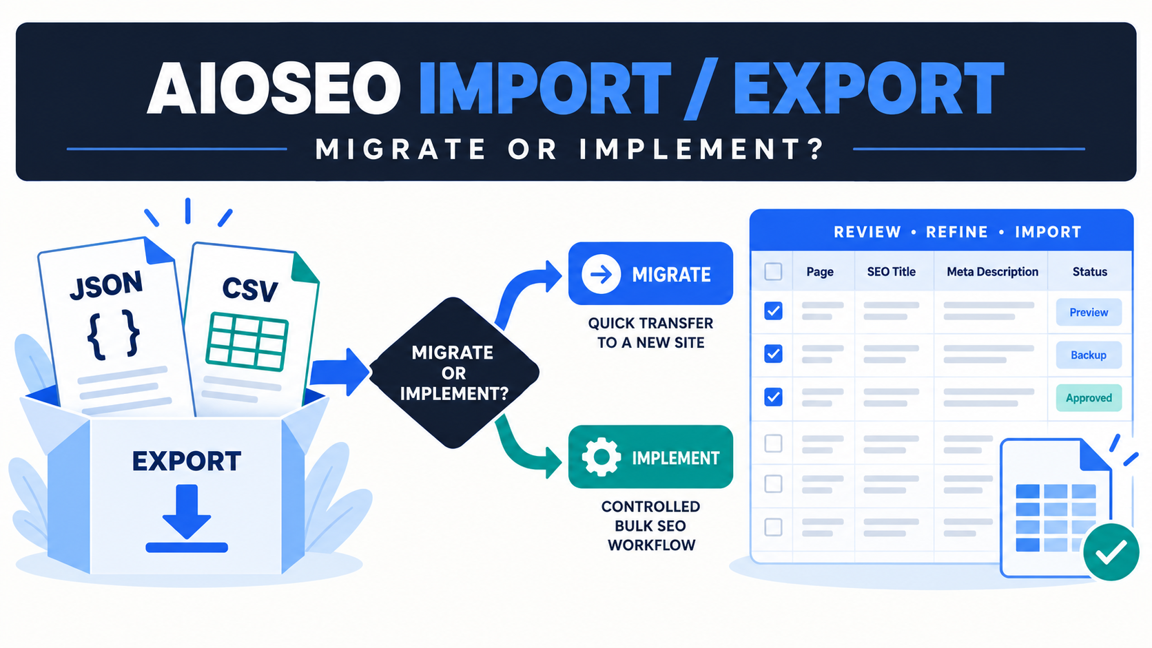 Decision infographic comparing AIOSEO JSON and CSV import export with a controlled review and implementation workflow.