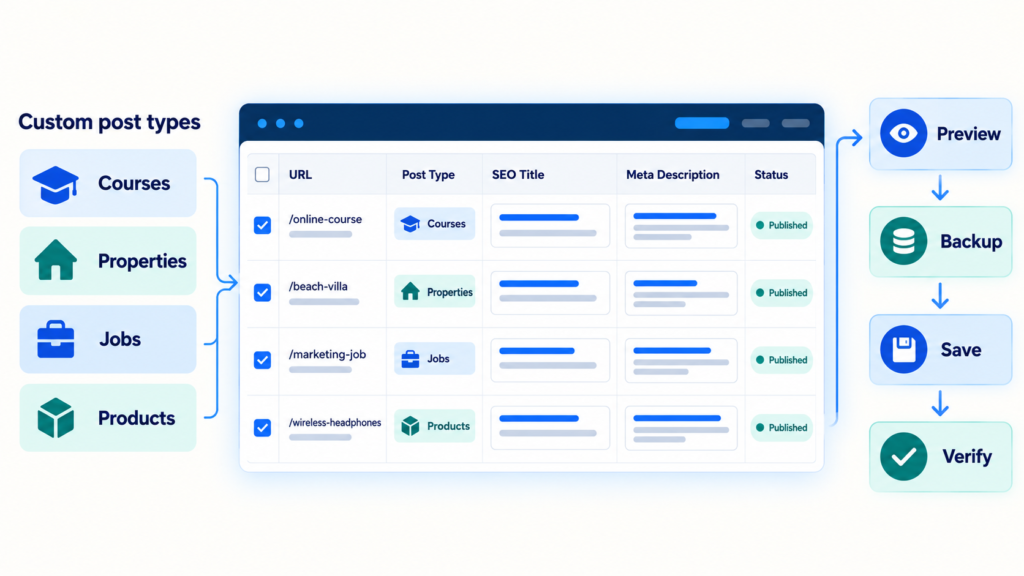 Workflow infographic showing WordPress custom post types moving through an SEO metadata table, Preview, backup, save, and verification.