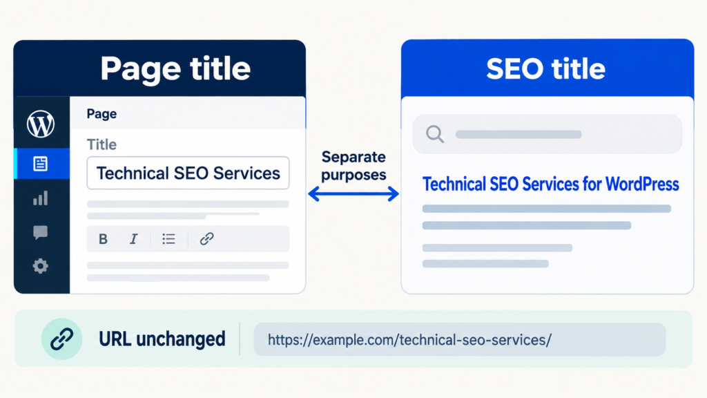 Infographic comparing a WordPress page title with an SEO title and showing that the page URL remains unchanged.